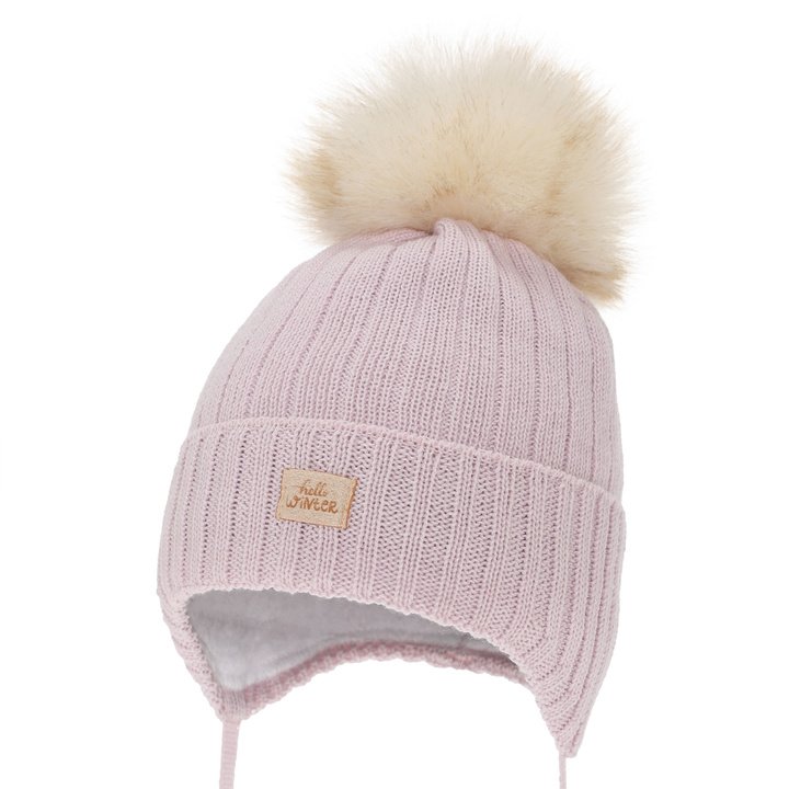Bonnet d'hiver fille, lilas, avec liens, avec laine mérinos, Basma