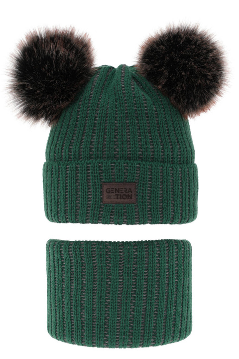 Ensemble d'hiver garçon: bonnet et snood, vert, avec deux pompons, Tokio