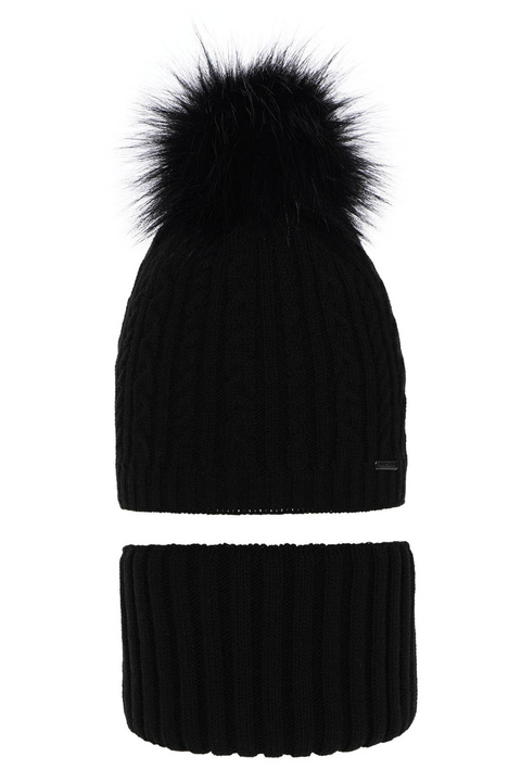 Ensemble d'hiver fille: bonnet et snood, noir, avec pompon, Rima