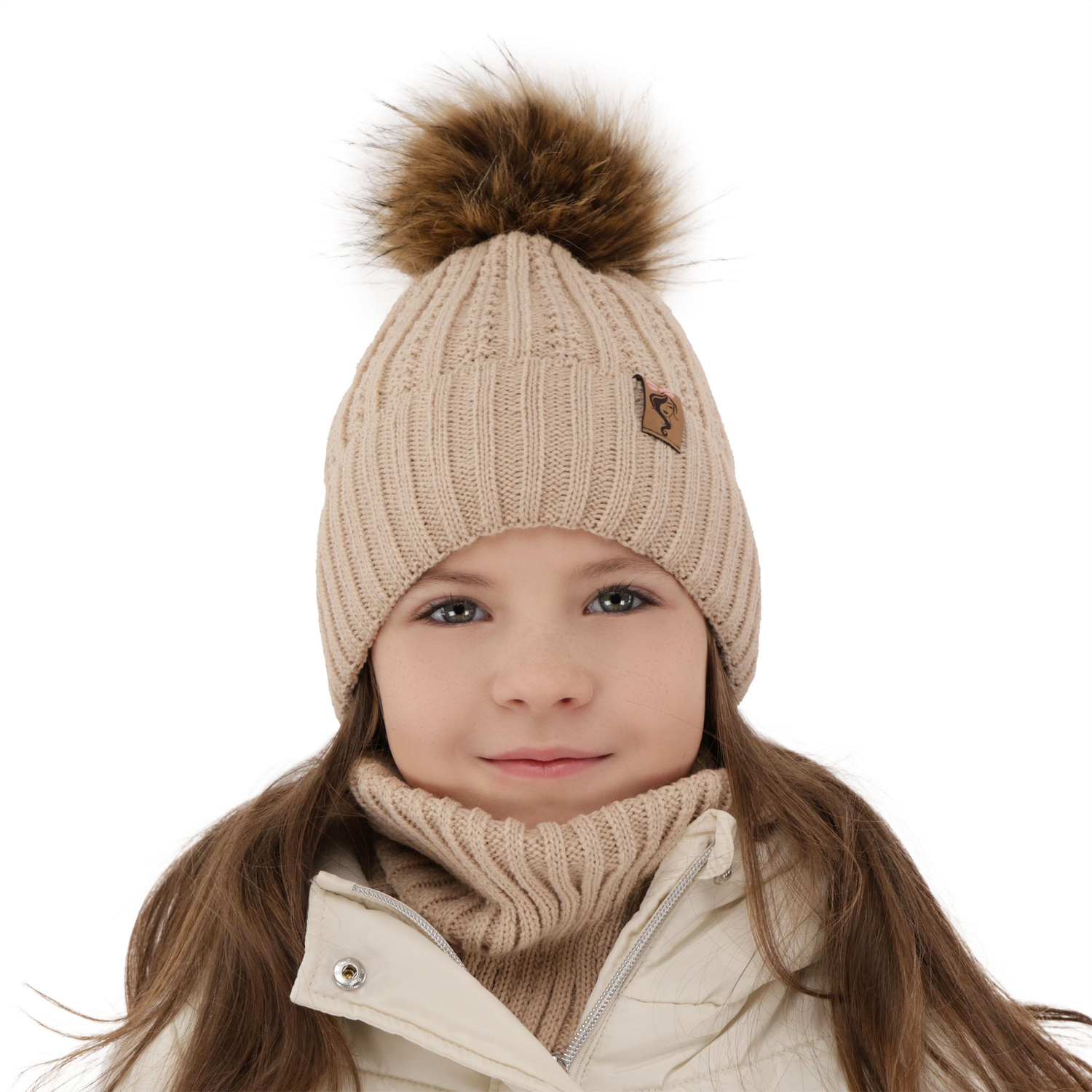 Ensemble d'hiver fille: bonnet et snood, noir, avec pompon, Larina