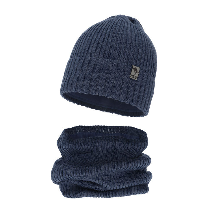 Ensemble d'hiver garçon: bonnet et snood, bleu, avec laine mérinos, Gecko
