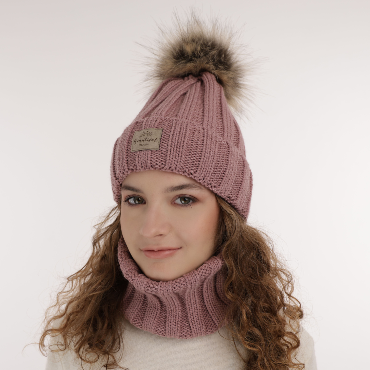 Ensemble d'hiver fille: bonnet et snood, vert émeraude, avec pompon, Kaliope