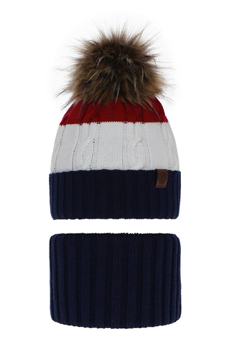 Ensemble d'hiver garçon: bonnet et snood, bleu marine, avec pompon, Karmel