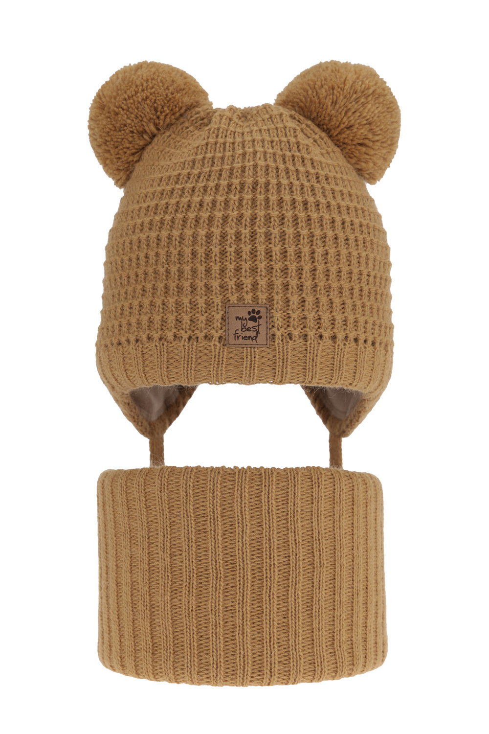 Ensemble d'hiver garçon: bonnet et snood, camel, avec deux pompons, avec liens, Krispi