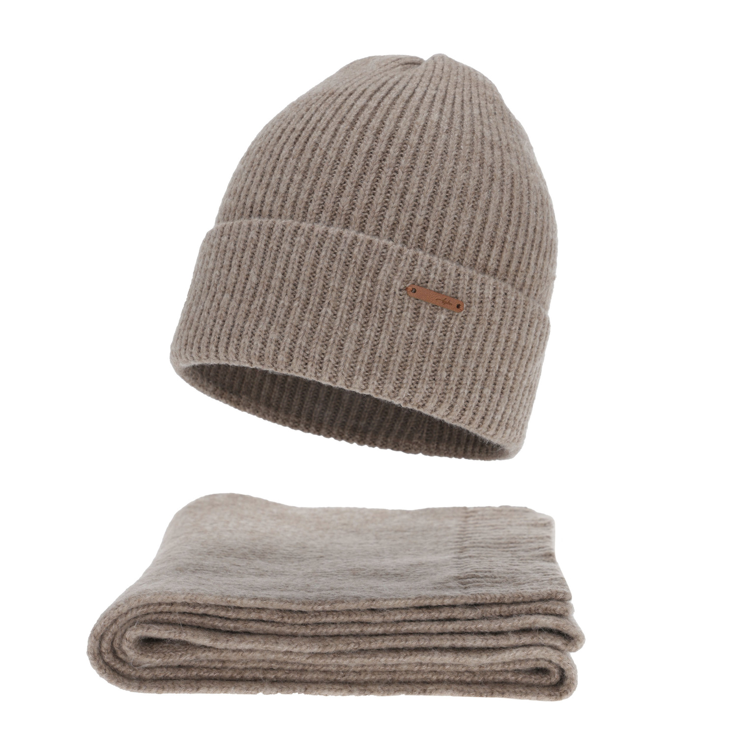 Ensemble d'hiver femme: bonnet et écharpe, beige foncé, avec laine mérinos, Seala