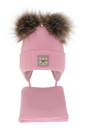 Ensemble d'hiver fille: bonnet et écharpe, rose, avec deux pompons, avec liens, Jazz