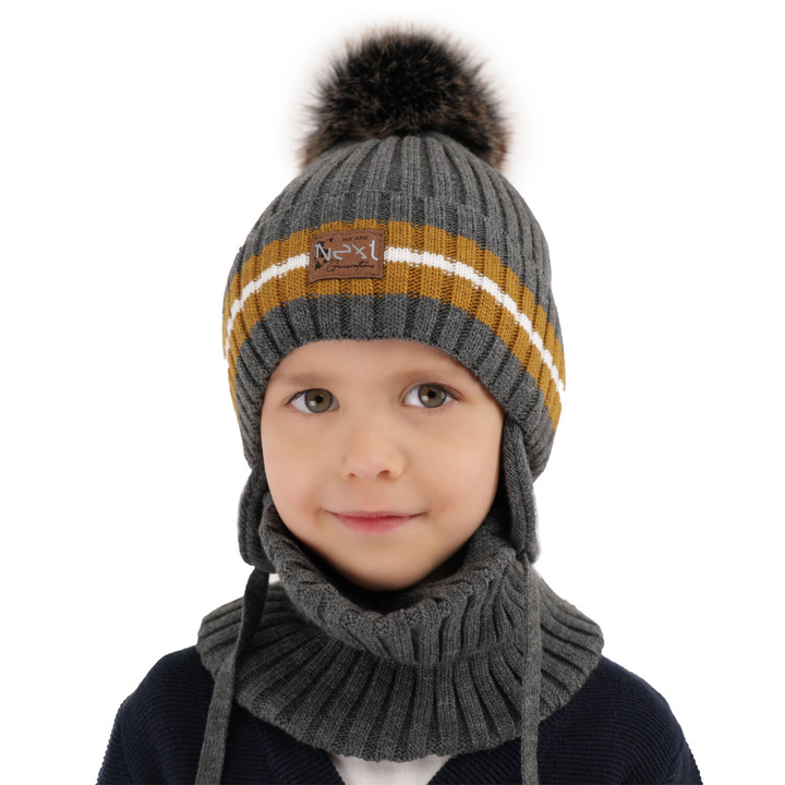 Ensemble d'hiver garçon: bonnet et snood, gris, avec pompon, Echo