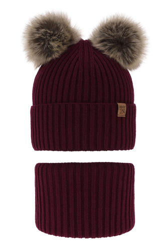 Ensemble d'hiver garçon: bonnet et snood, bordeaux, avec deux pompons, Oxford