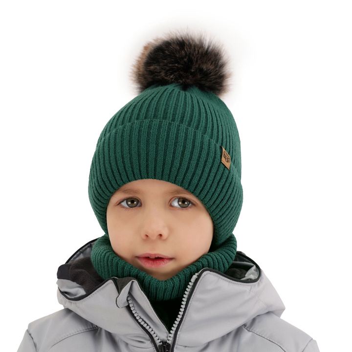 Ensemble d'hiver garçon: bonnet et snood, vert, avec pompon, Wizar