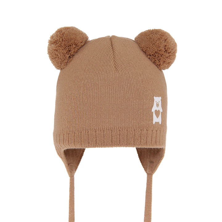 Bonnet automne/printemps garçon, camel, avec deux pompons, avec liens, Barney