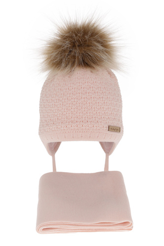 Ensemble d'hiver fille: bonnet et écharpe, rose clair, avec pompon, Clotilde