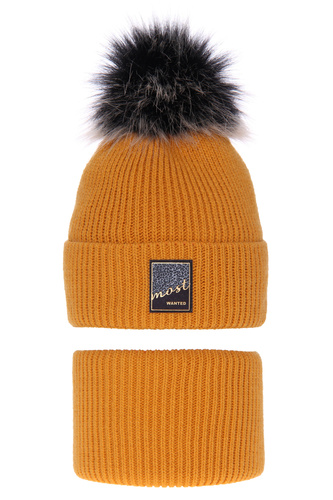 Ensemble d'hiver fille: bonnet et snood, miel, avec pompon, Sycylia