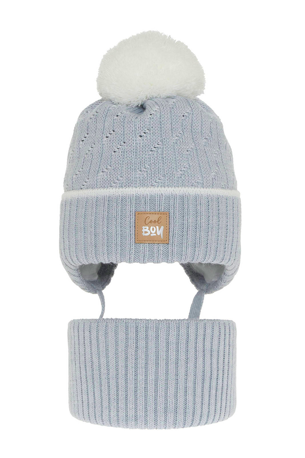 Ensemble d'hiver garçon: bonnet et snood, bleu clair, avec pompon, avec liens, Pikolo