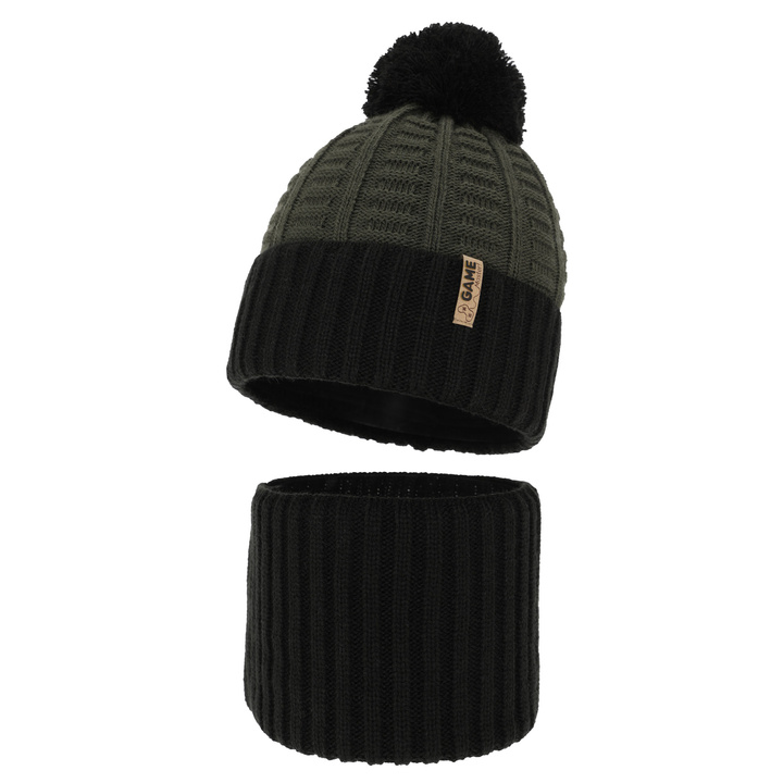 Ensemble d'hiver garçon: bonnet et snood, noir, avec pompon, Leo
