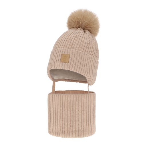 Ensemble d'hiver fille: bonnet et snood, beige, avec pompon, Betty