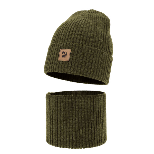 Ensemble bonnet et tour de cou garçon, automne, printemps khaki 100% laine mérinos Vanto