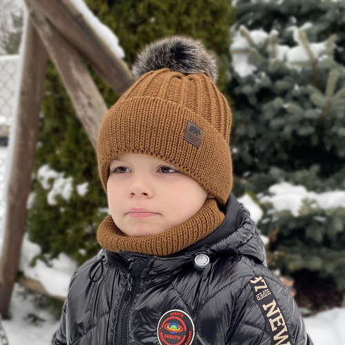 Ensemble d'hiver garçon: bonnet et snood, bleu, avec pompon, Havier
