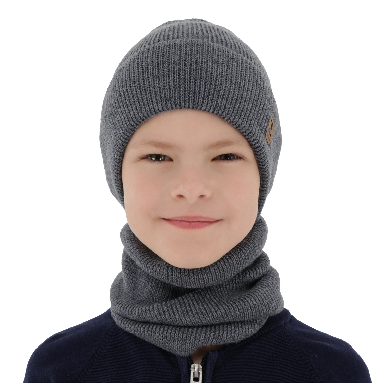 Ensemble automne/printemps garçon: bonnet et snood, gris foncé, avec laine mérinos, Bruce