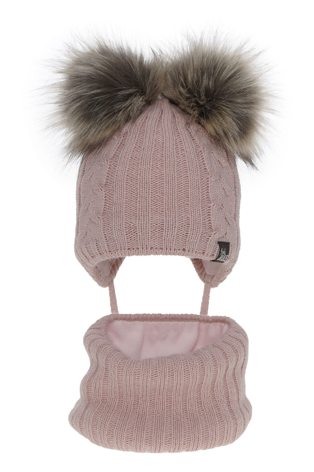 Ensemble d'hiver fille: bonnet et snood, rose, avec deux pompons, avec liens, Marlen