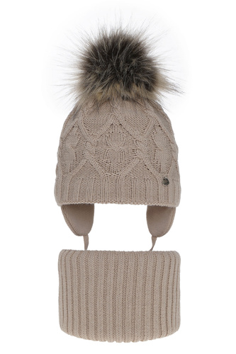 Ensemble d'hiver fille: bonnet et snood, beige, avec pompon, Elena