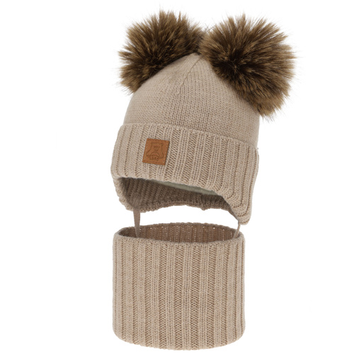 Ensemble bonnet et tour de cou garçon, hiver, beige, 100% laine mérinos, doublé polaire laine, Ronik