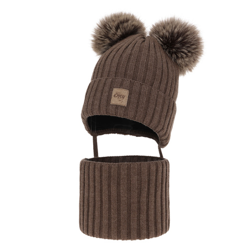 Ensemble d'hiver garçon: bonnet et snood, brun, avec deux pompons, avec liens, Orange