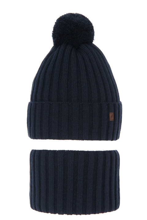 Ensemble d'hiver garçon: bonnet et snood, bleu marine, avec pompon, Wiliam