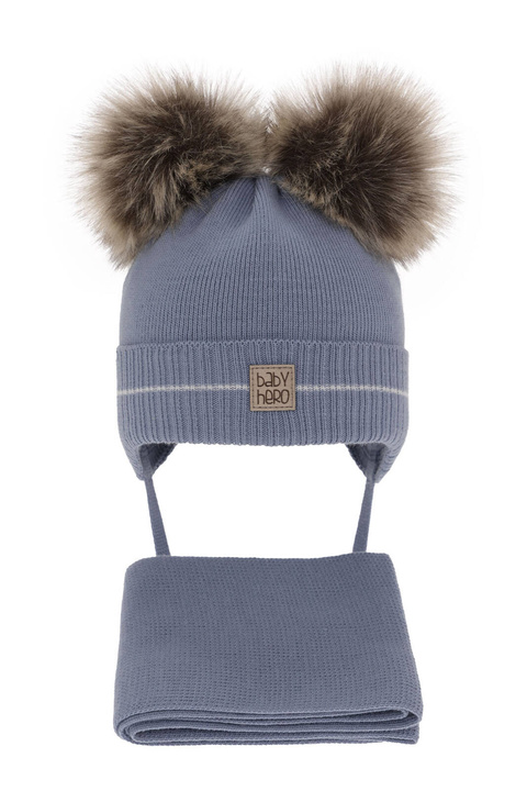 Ensemble d'hiver garçon: bonnet et écharpe, bleu, avec deux pompons, avec liens, Melon
