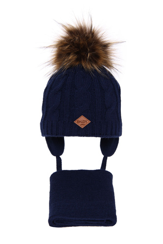 Ensemble d'hiver garçon: bonnet et écharpe, bleu marine, avec pompon, Minor