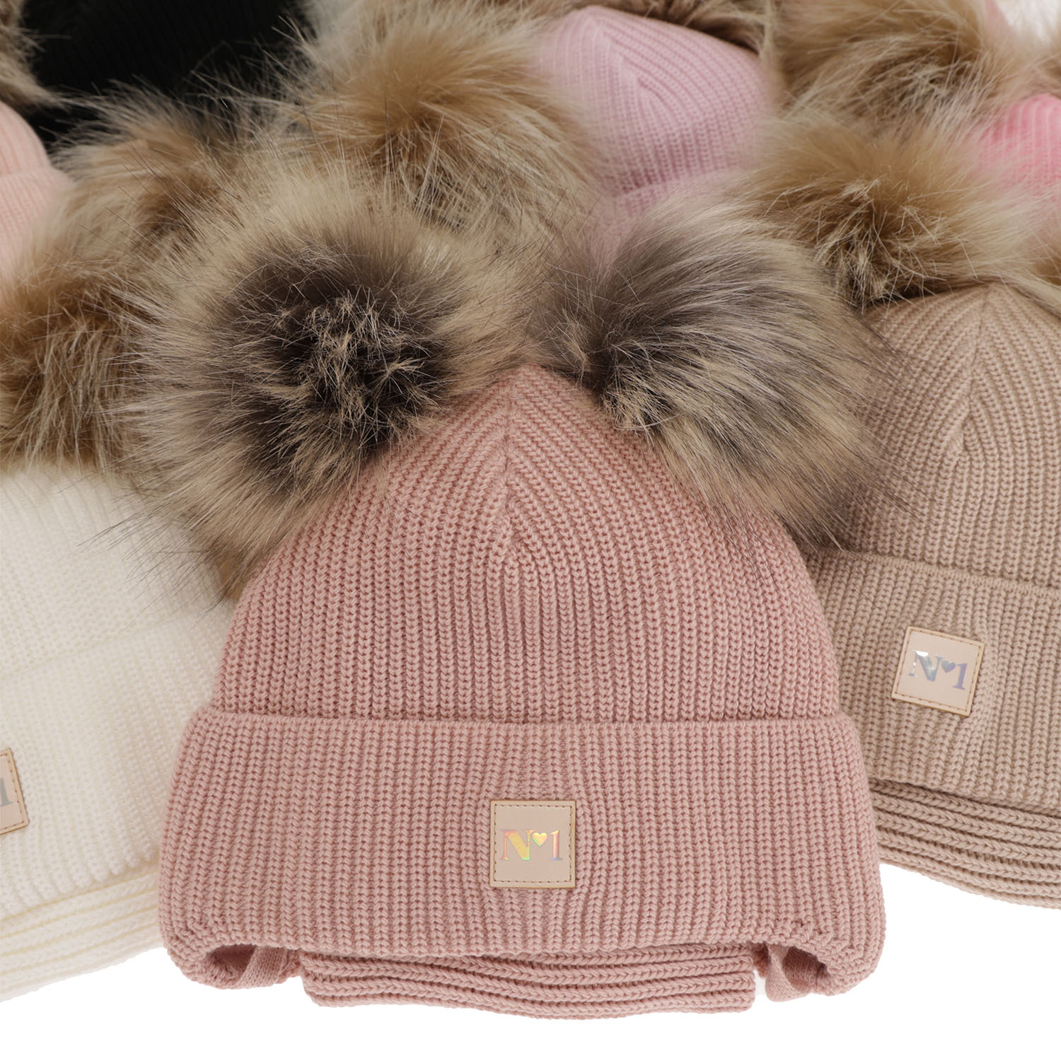 Ensemble d'hiver fille: bonnet et snood, beige, avec deux pompons, avec liens, Kiara