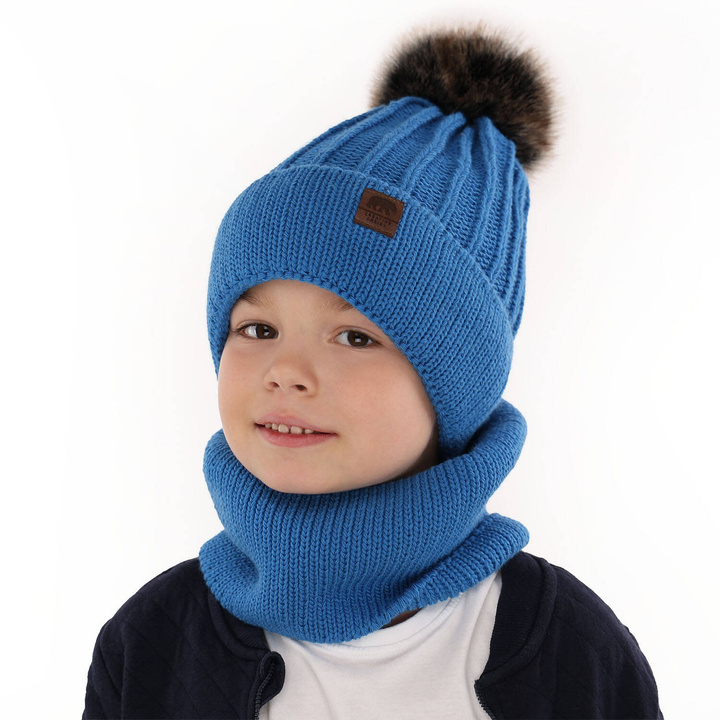 Ensemble d'hiver garçon: bonnet et snood, bleu, avec pompon, Havier