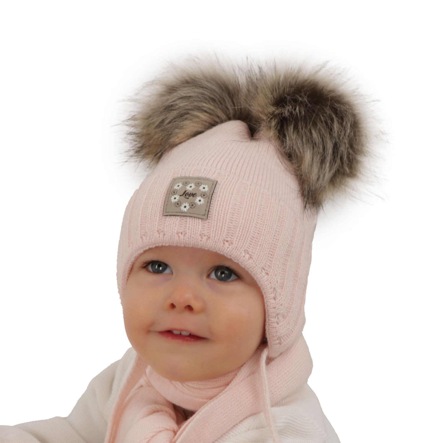 Ensemble d'hiver fille: bonnet et écharpe, blanc, avec deux pompons, avec liens, Jazz