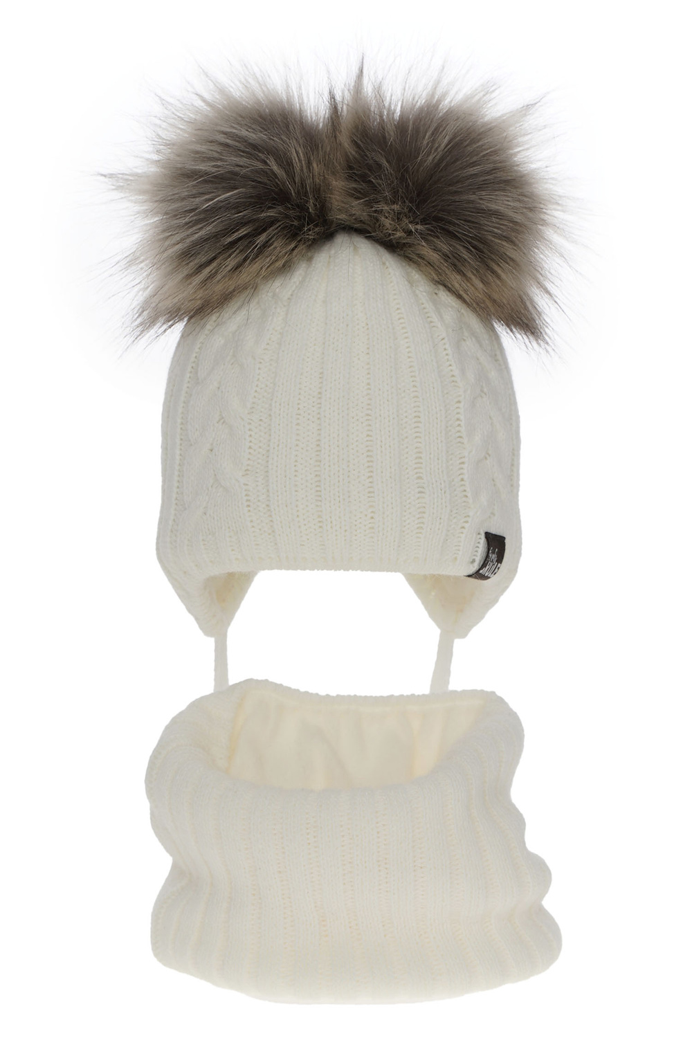 Ensemble d'hiver fille: bonnet et snood, crème, avec deux pompons, avec liens, Marlen