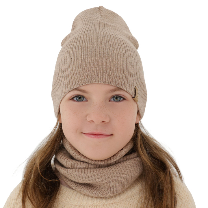 Ensemble automne/printemps fille: bonnet et snood, beige, avec laine mérinos, Ricona