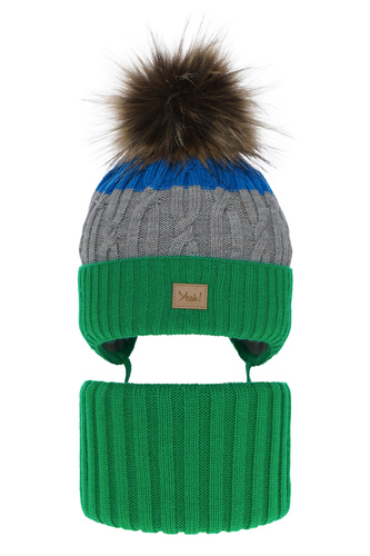 Ensemble d'hiver garçon: bonnet et snood, vert, avec pompon, Maxwell