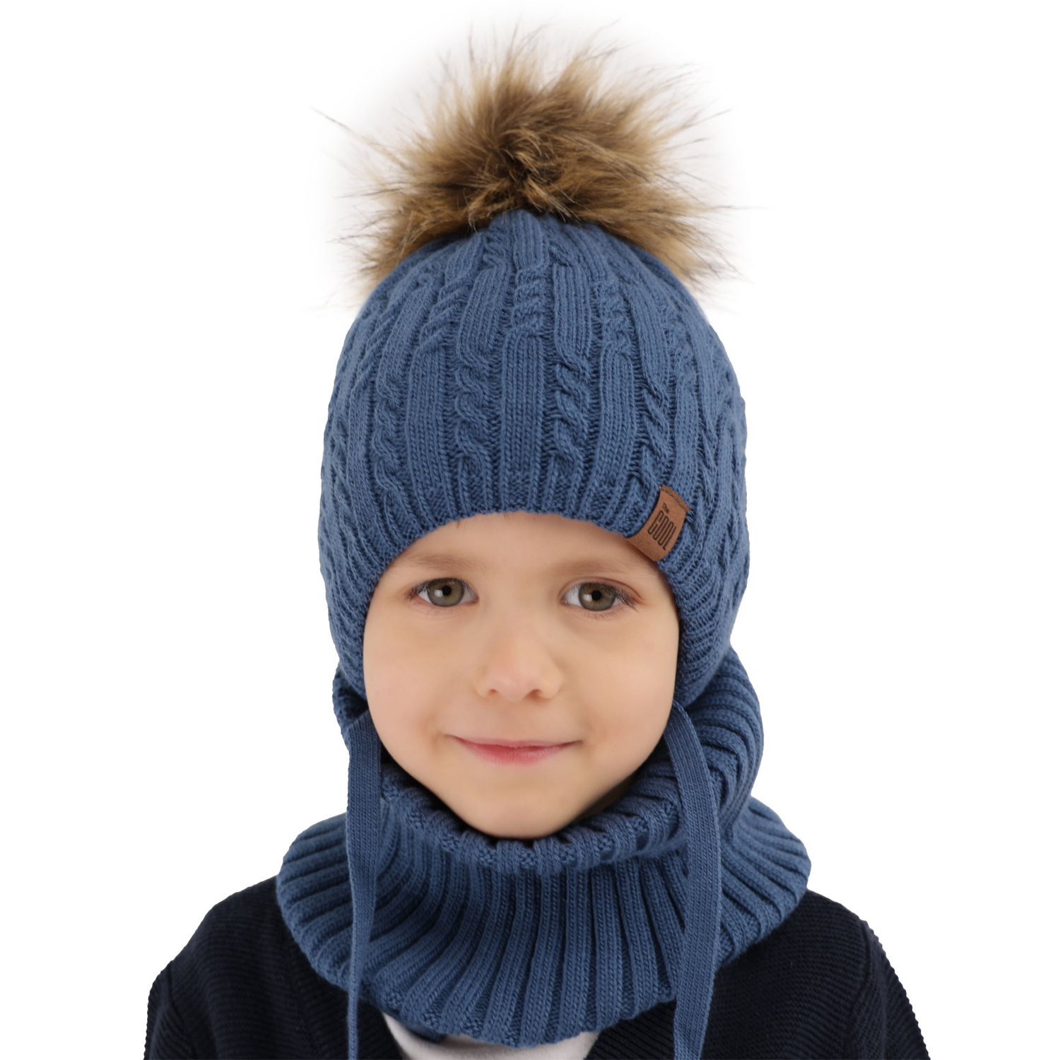 Ensemble d'hiver garçon: bonnet et snood, bordeaux, avec pompon, avec liens, Indigo