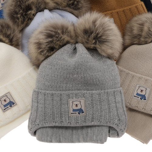 Ensemble d'hiver garçon: bonnet et écharpe, bleu marine, avec deux pompons, Jewel