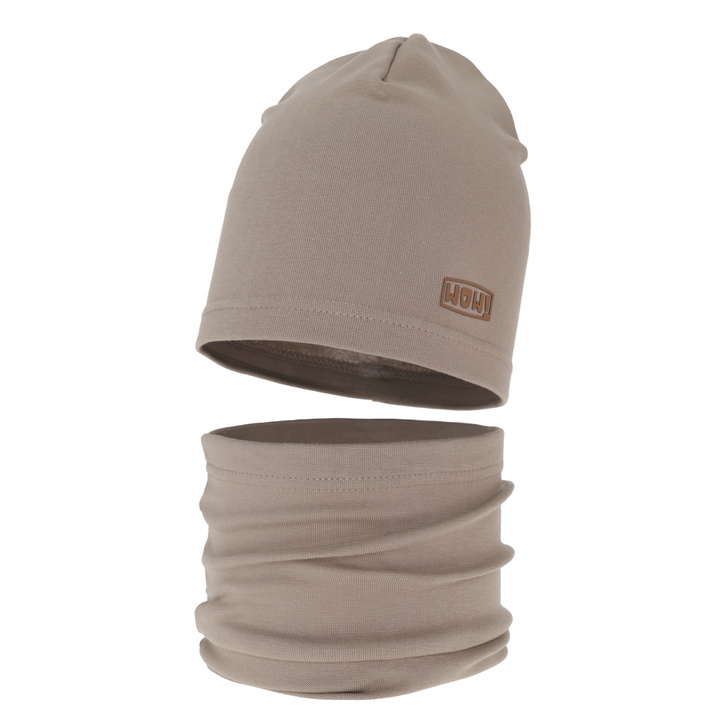 Ensemble automne/printemps garçon: bonnet et snood, beige foncé, en coton, Frizer
