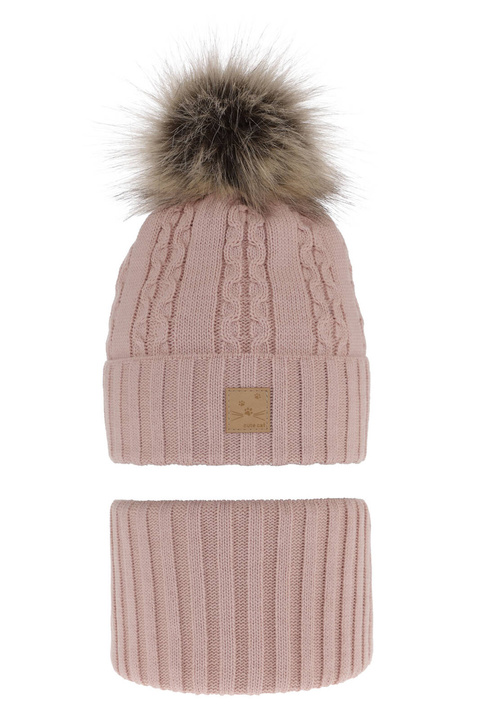 Ensemble d'hiver fille: bonnet et snood, rose, avec pompon, Alexia