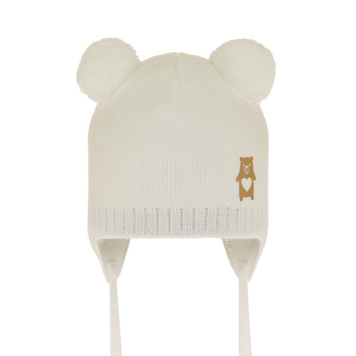 Bonnet automne/printemps garçon, crème, avec deux pompons, avec liens, Barney