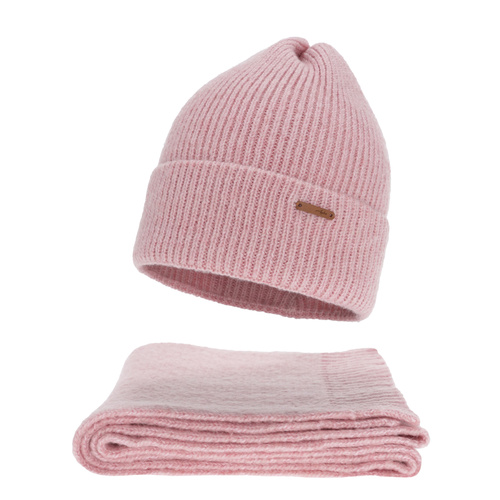 Ensemble d'hiver femme: bonnet et écharpe, rose, avec laine mérinos, Seala