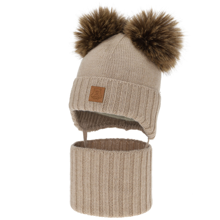 Ensemble bonnet et tour de cou garçon, hiver, beige, 100% laine mérinos, doublé polaire laine, Ronik