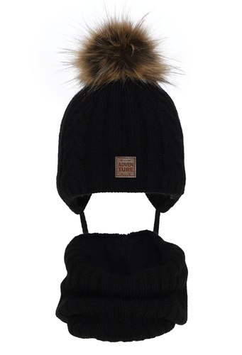 Ensemble d'hiver garçon: bonnet et snood, noir, avec pompon, Casper