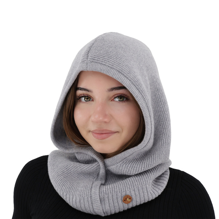 Cagoule automne, hiver, femme, gris, laine mérinos avec cachemire, Kiruna