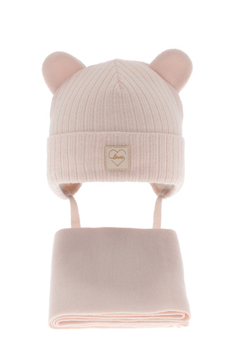 Ensemble d'hiver fille: bonnet et écharpe, rose, avec liens, Antola