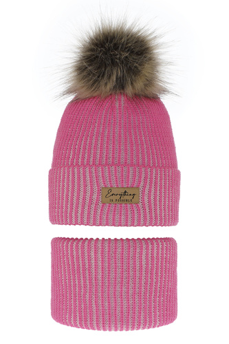 Ensemble d'hiver fille: bonnet et snood, rose, avec pompon, Floryda
