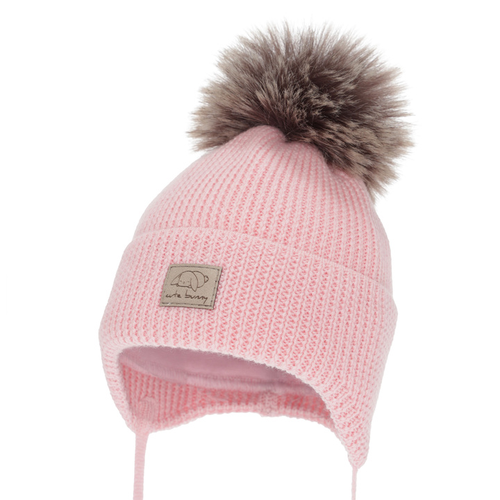 Bonnet d'hiver fille, rose, avec liens, 100% Laine Mérinos, Jena