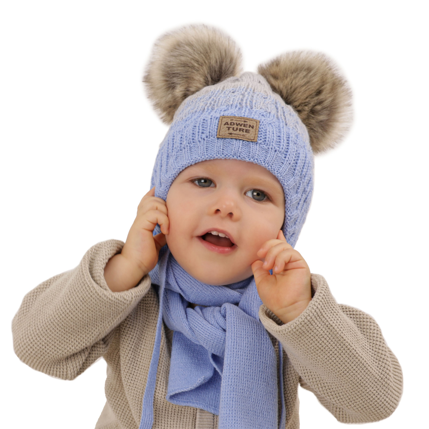 Ensemble d'hiver garçon: bonnet et écharpe, vert, avec deux pompons, Platon