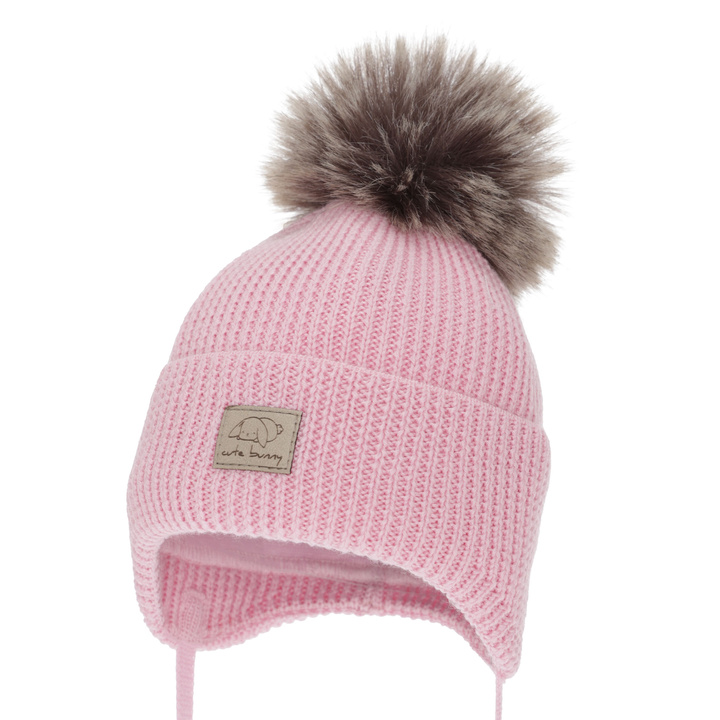 Bonnet d'hiver fille, rose, avec liens, 100% Laine Mérinos, Jena