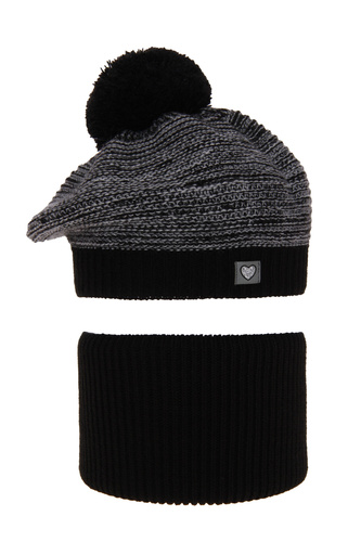 Ensemble d'hiver fille: béret et snood, noir, avec pompon, Lira
